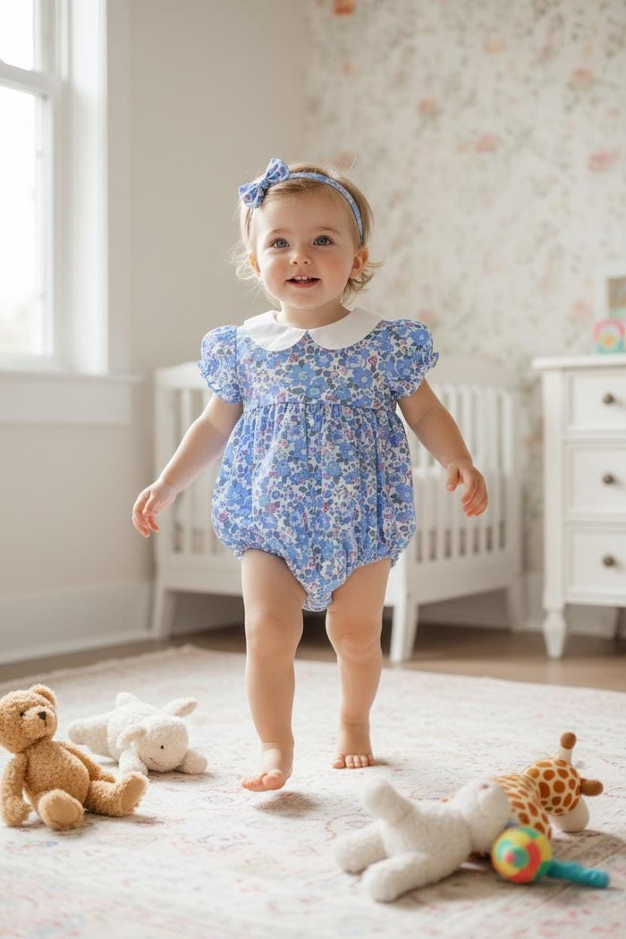 Liberty London Bubble Romper: Floral Print Cotton, Short Sleeves, Ruffle Collar