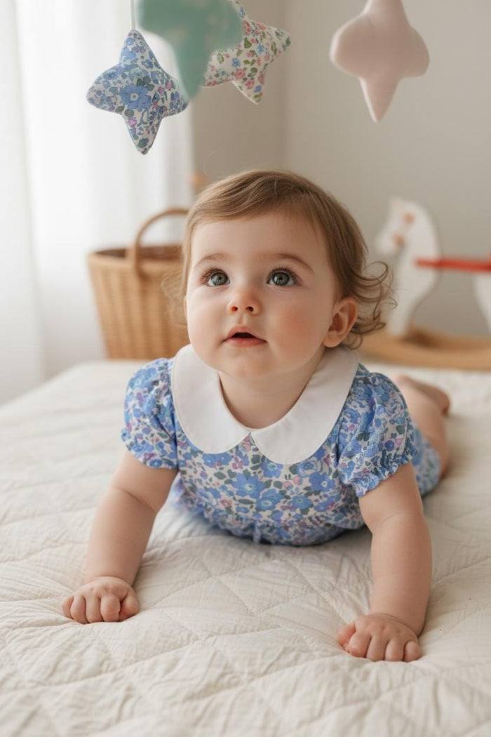 Liberty London Bubble Romper: Floral Print Cotton, Short Sleeves, Ruffle Collar