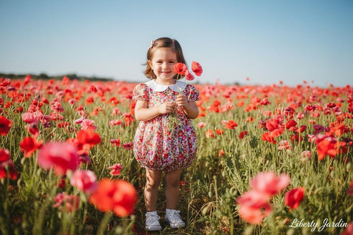 Liberty London Bubble Romper: Peter Pan Collar, Balloon Puffed Short Sleeves, Floral Print Onesie