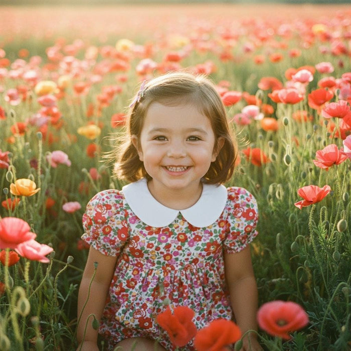 Liberty London Bubble Romper: Peter Pan Collar, Balloon Puffed Short Sleeves, Floral Print Onesie