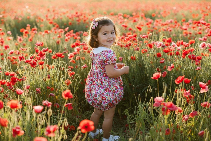 Liberty London Bubble Romper: Peter Pan Collar, Balloon Puffed Short Sleeves, Floral Print Onesie