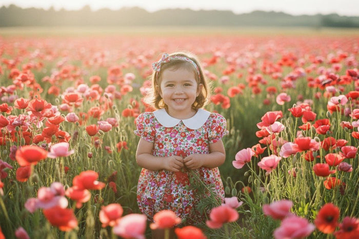 Liberty London Bubble Romper: Peter Pan Collar, Balloon Puffed Short Sleeves, Floral Print Onesie