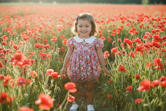 Liberty London Bubble Romper: Peter Pan Collar, Balloon Puffed Short Sleeves, Floral Print Onesie