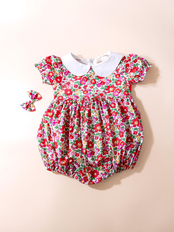 Liberty London Bubble Romper: Peter Pan Collar, Balloon Puffed Short Sleeves, Floral Print Onesie