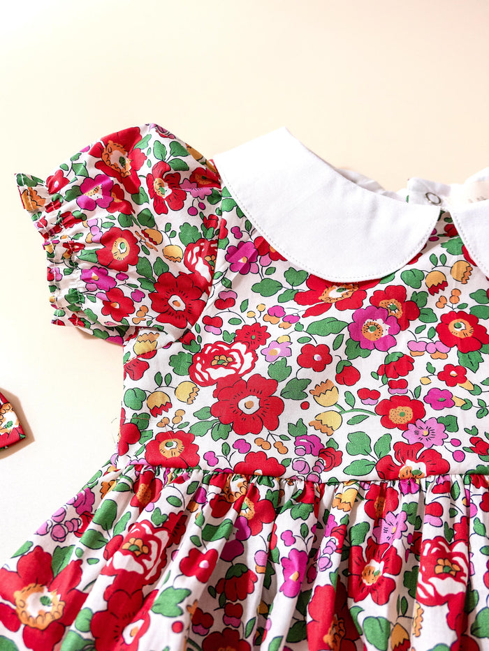 Liberty London Bubble Romper: Peter Pan Collar, Balloon Puffed Short Sleeves, Floral Print Onesie