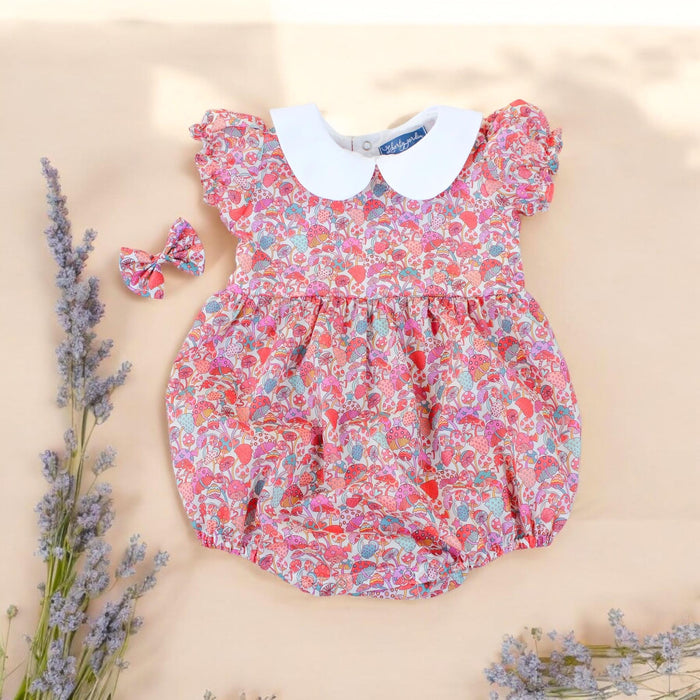 Liberty London Bubble Romper: Peter Pan Collar, Balloon Puffed Short Sleeves, Floral Print Onesie