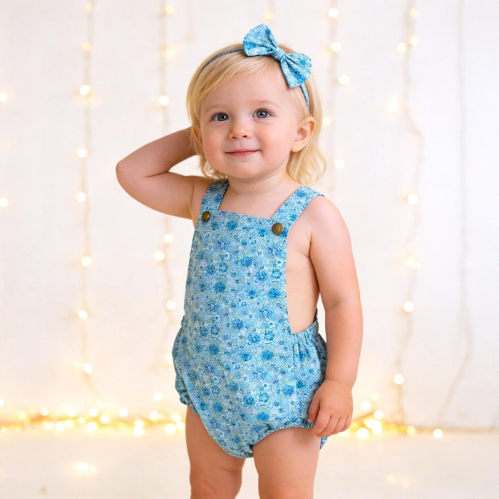 Liberty London Bubble Romper Sunsuit, Green Blue Floral Print Suspender Playsuit, Handmade Cotton Clothing
