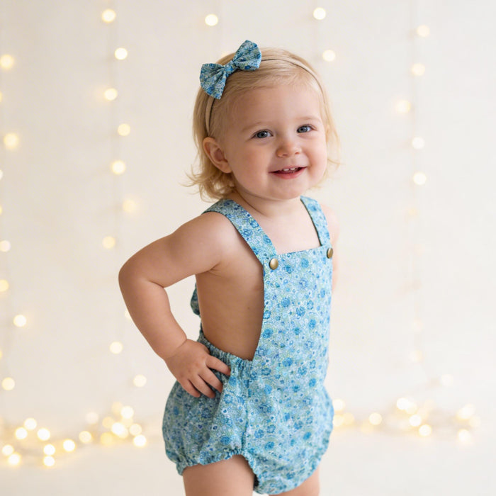 Liberty London Bubble Romper Sunsuit, Green Blue Floral Print Suspender Playsuit, Handmade Cotton Clothing