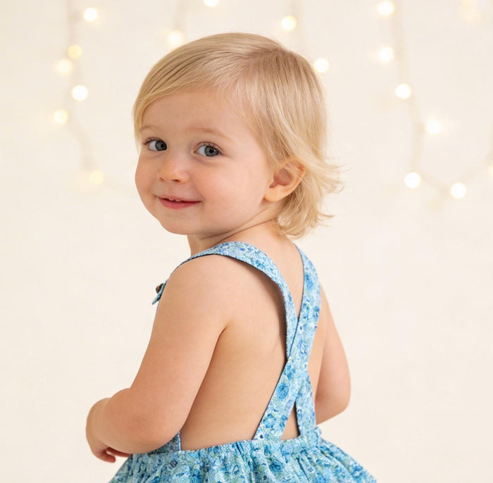 Liberty London Bubble Romper Sunsuit, Green Blue Floral Print Suspender Playsuit, Handmade Cotton Clothing