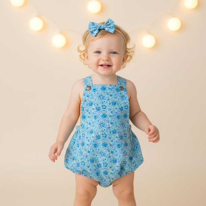 Liberty London Bubble Romper Sunsuit, Green Blue Floral Print Suspender Playsuit, Handmade Cotton Clothing