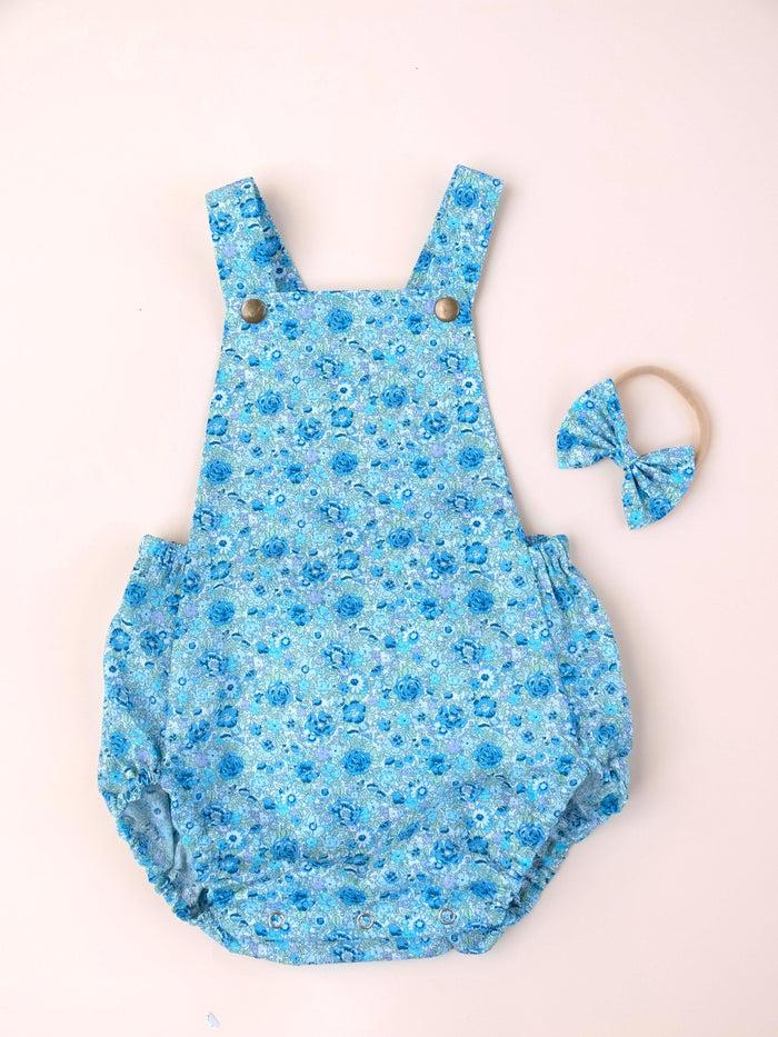 Liberty London Bubble Romper Sunsuit, Green Blue Floral Print Suspender Playsuit, Handmade Cotton Clothing