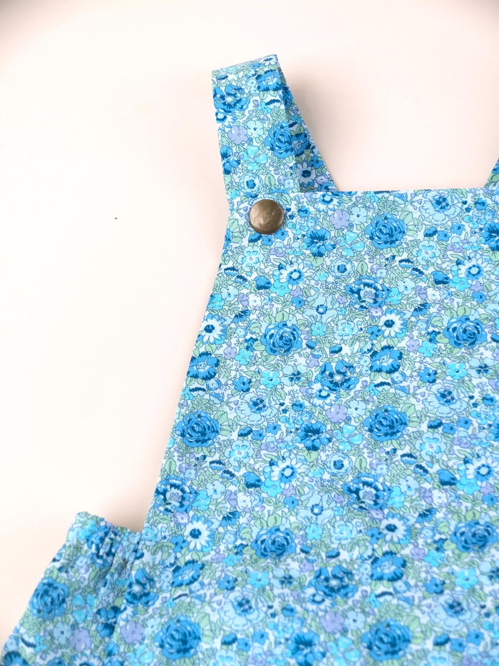 Liberty London Bubble Romper Sunsuit, Green Blue Floral Print Suspender Playsuit, Handmade Cotton Clothing