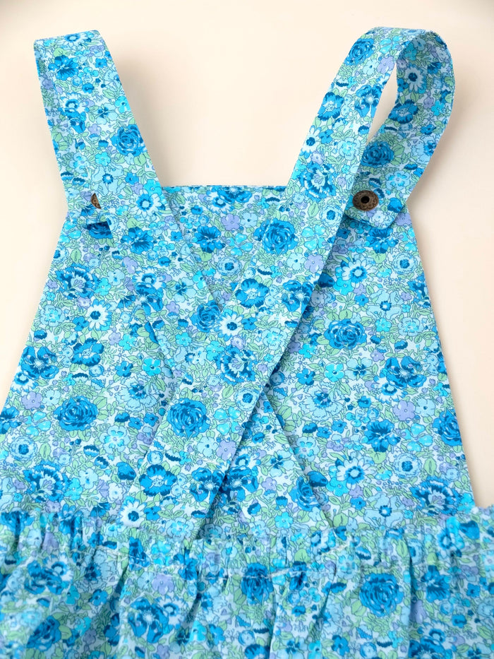 Liberty London Bubble Romper Sunsuit, Green Blue Floral Print Suspender Playsuit, Handmade Cotton Clothing
