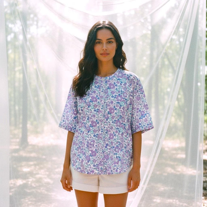 Liberty London Button-through Top, Half-sleeved Botanical Handmade Blouse, Sustainable Eco-friendly Womenswear, Floral-print Cotton T-shirt