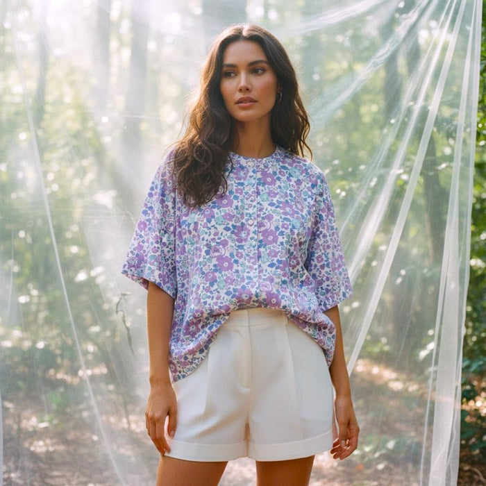 Liberty London Button-through Top, Half-sleeved Botanical Handmade Blouse, Sustainable Eco-friendly Womenswear, Floral-print Cotton T-shirt