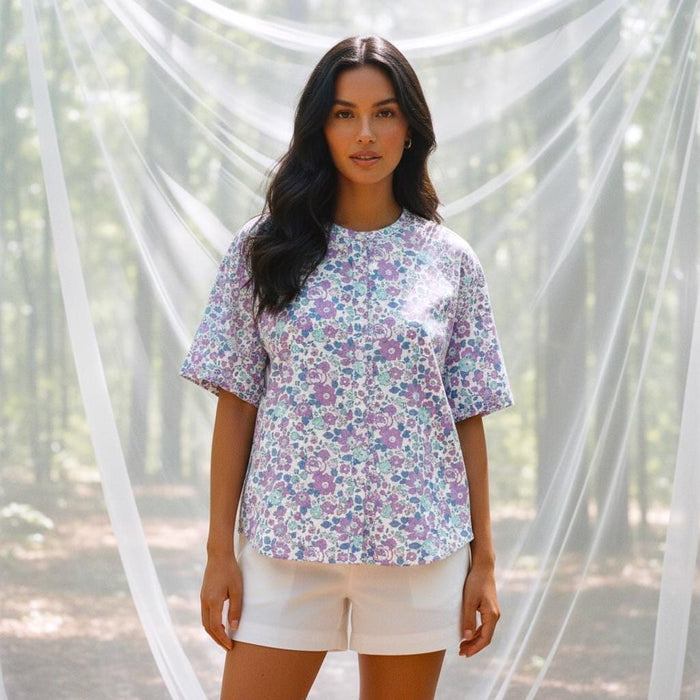 Liberty London Button-through Top, Half-sleeved Botanical Handmade Blouse, Sustainable Eco-friendly Womenswear, Floral-print Cotton T-shirt