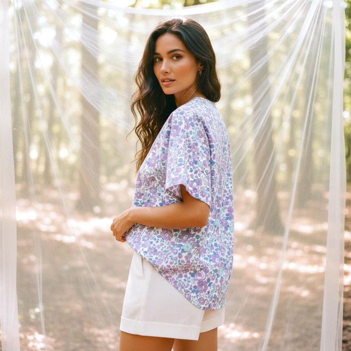 Liberty London Button-through Top, Half-sleeved Botanical Handmade Blouse, Sustainable Eco-friendly Womenswear, Floral-print Cotton T-shirt