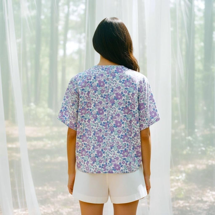 Liberty London Button-through Top, Half-sleeved Botanical Handmade Blouse, Sustainable Eco-friendly Womenswear, Floral-print Cotton T-shirt