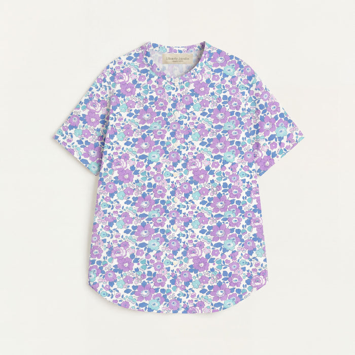 Liberty London Button-through Top, Half-sleeved Botanical Handmade Blouse, Sustainable Eco-friendly Womenswear, Floral-print Cotton T-shirt
