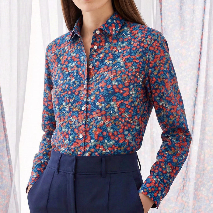 Liberty London Button-up Long-sleeved Dress Shirt, Handmade Botanical Clothing, Sustainable Cotton Womenswear, Tailoring Blouse