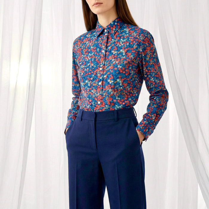 Liberty London Button-up Long-sleeved Dress Shirt, Handmade Botanical Clothing, Sustainable Cotton Womenswear, Tailoring Blouse