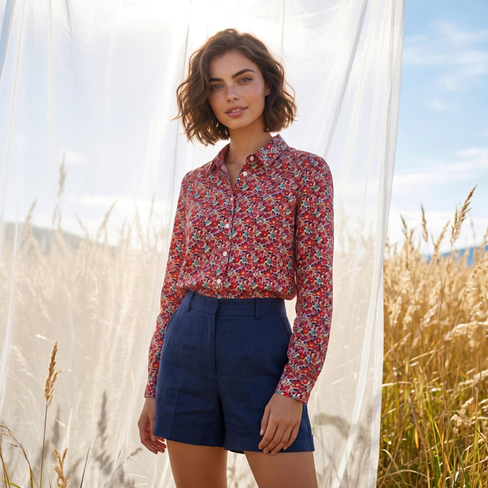 Liberty London Button-up Long-sleeved Dress Shirt, Handmade Botanical Clothing, Sustainable Cotton Womenswear, Tailoring Blouse