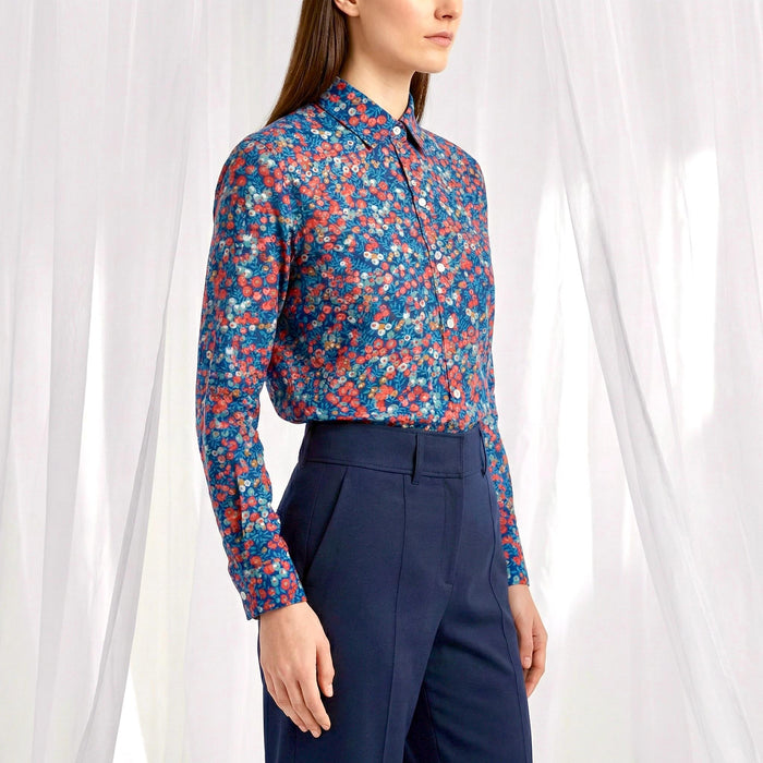 Liberty London Button-up Long-sleeved Dress Shirt, Handmade Botanical Clothing, Sustainable Cotton Womenswear, Tailoring Blouse