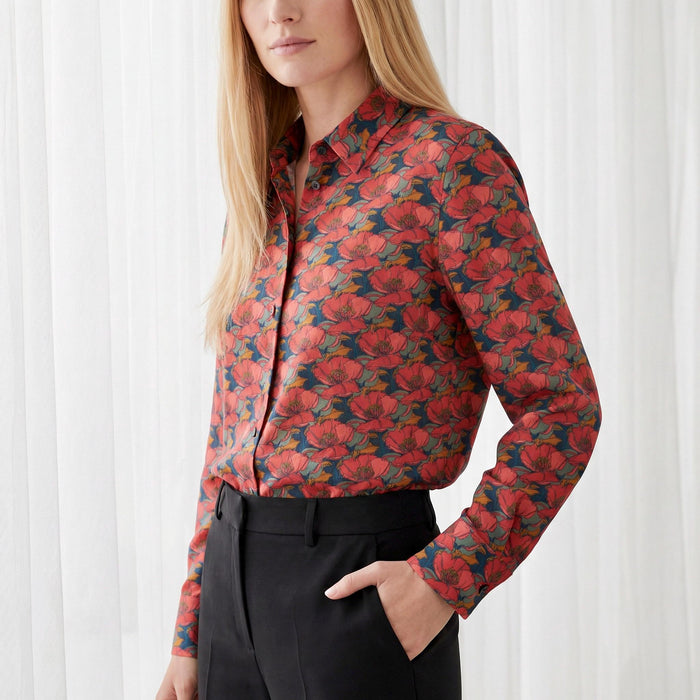 Liberty London Button-up Long-sleeved Dress Shirt, Handmade Botanical Clothing, Sustainable Cotton Womenswear, Tailoring Blouse