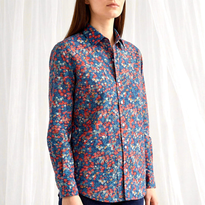 Liberty London Button-up Long-sleeved Dress Shirt, Handmade Botanical Clothing, Sustainable Cotton Womenswear, Tailoring Blouse