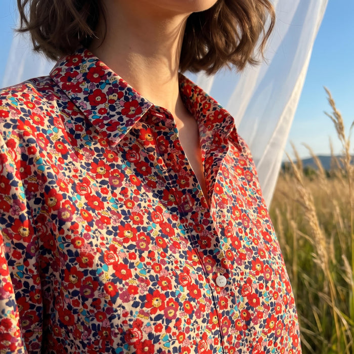 Liberty London Button-up Long-sleeved Dress Shirt, Handmade Botanical Clothing, Sustainable Cotton Womenswear, Tailoring Blouse