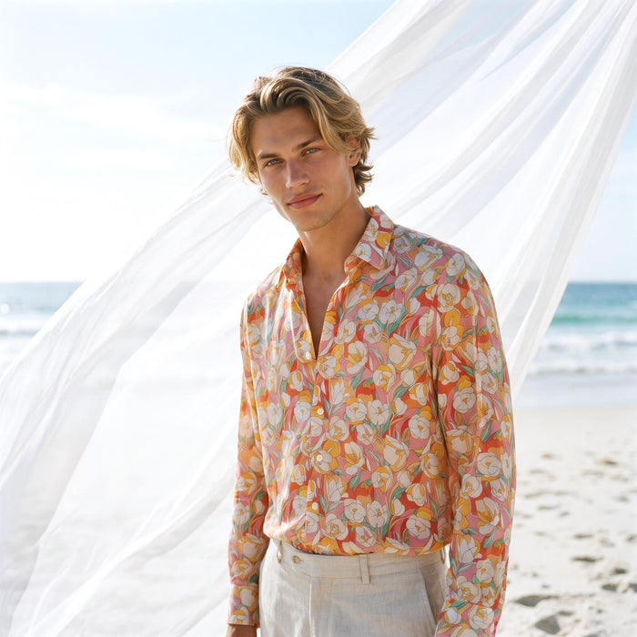 Liberty London Button-Up Long-sleeved Shirt, Handmade Sustainable Tailoring Chemise, Bespoke Personalised Menswear, Botanical Clothing