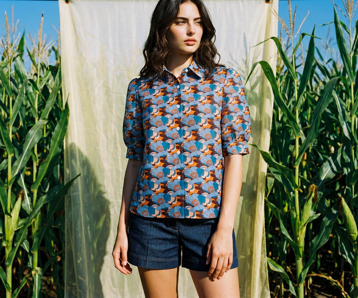 Liberty London Button-up Short Sleeves Shirt, Handmade Cotton Chemise, Sustainable Minimalist Womenswear, Botanical Clothing