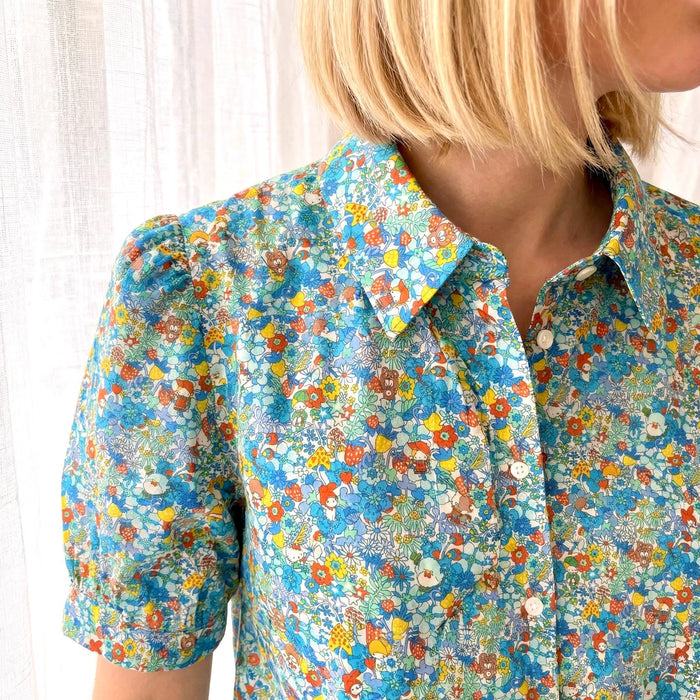 Liberty London Button-up Short Sleeves Shirt, Handmade Cotton Chemise, Sustainable Minimalist Womenswear, Botanical Clothing
