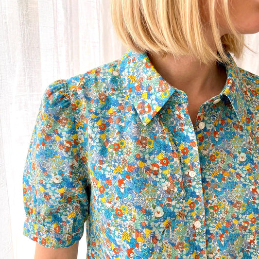 Liberty London Button-up Short Sleeves Shirt, Handmade Cotton Chemise, Sustainable Minimalist Womenswear, Botanical Clothing