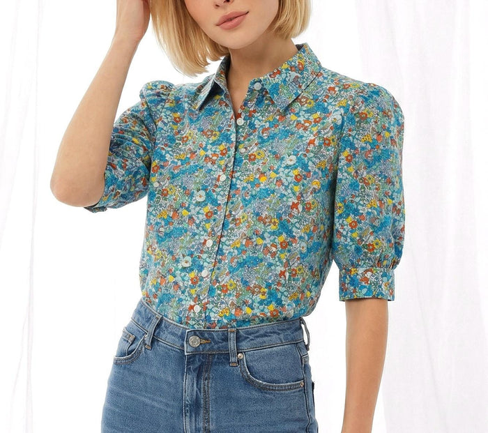 Liberty London Button-up Short Sleeves Shirt, Handmade Cotton Chemise, Sustainable Minimalist Womenswear, Botanical Clothing
