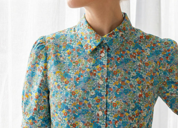 Liberty London Button-up Short Sleeves Shirt, Handmade Cotton Chemise, Sustainable Minimalist Womenswear, Botanical Clothing