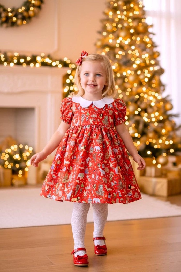Liberty London Christmas Dress, Red Floral Tana Lawn, Scallop Collar