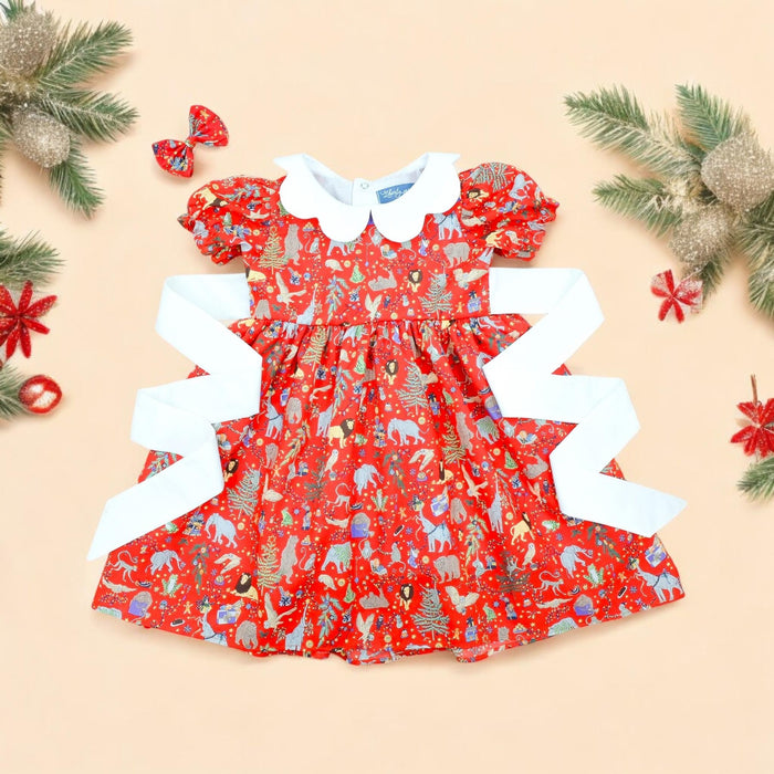 Liberty London Christmas Dress, Red Floral Tana Lawn, Scallop Collar