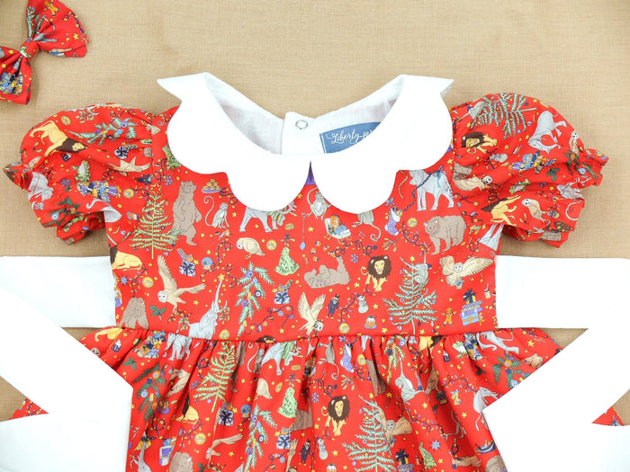 Liberty London Christmas Dress, Red Floral Tana Lawn, Scallop Collar