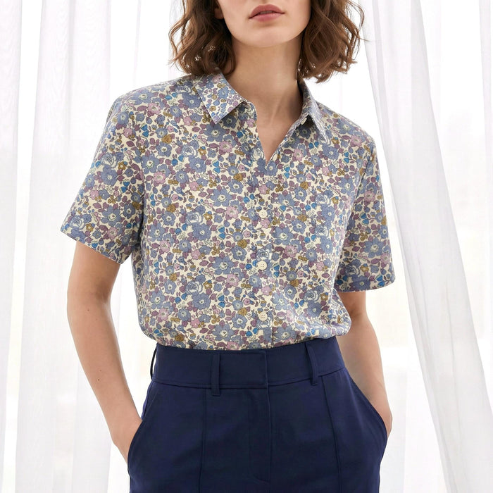 Liberty London Classic Short Sleeves Button-up Shirt, Tailoring Botanical Chemise, Versatile Sustainable Personalised Womenswear