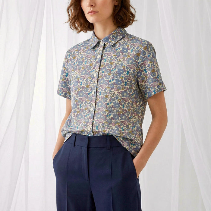 Liberty London Classic Short Sleeves Button-up Shirt, Tailoring Botanical Chemise, Versatile Sustainable Personalised Womenswear