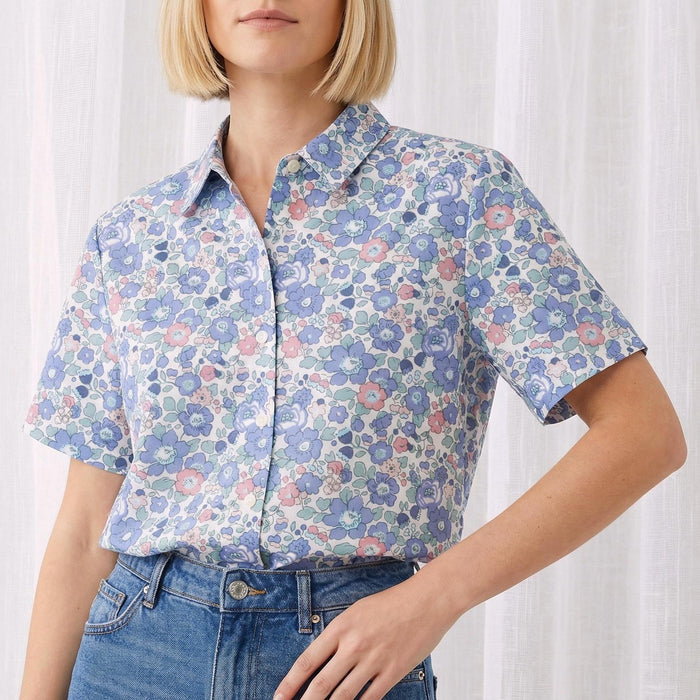 Liberty London Classic Short Sleeves Button-up Shirt, Tailoring Botanical Chemise, Versatile Sustainable Personalised Womenswear