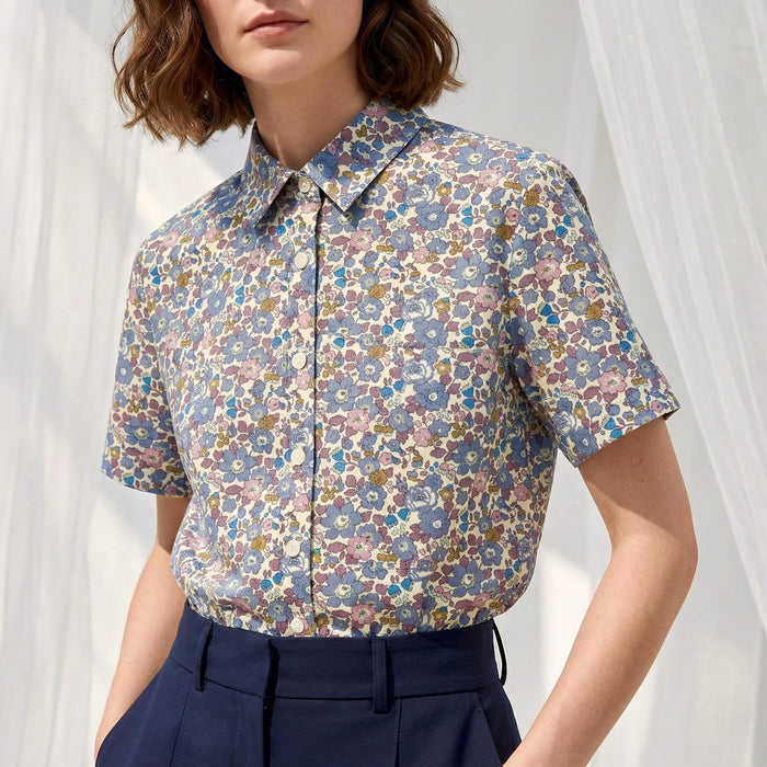 Liberty London Classic Short Sleeves Button-up Shirt, Tailoring Botanical Chemise, Versatile Sustainable Personalised Womenswear