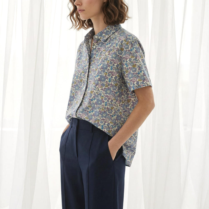 Liberty London Classic Short Sleeves Button-up Shirt, Tailoring Botanical Chemise, Versatile Sustainable Personalised Womenswear