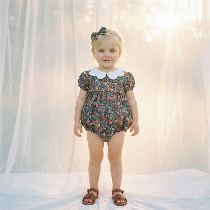 Liberty London Collared Bubble-romper, Floral-print Short-sleeved Playsuit, Handmade Sustainable Children-wear, Cotton Sunsuit, Ethical