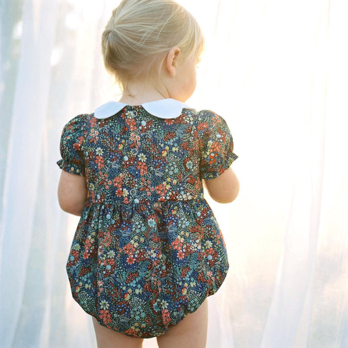 Liberty London Collared Bubble-romper, Floral-print Short-sleeved Playsuit, Handmade Sustainable Children-wear, Cotton Sunsuit, Ethical
