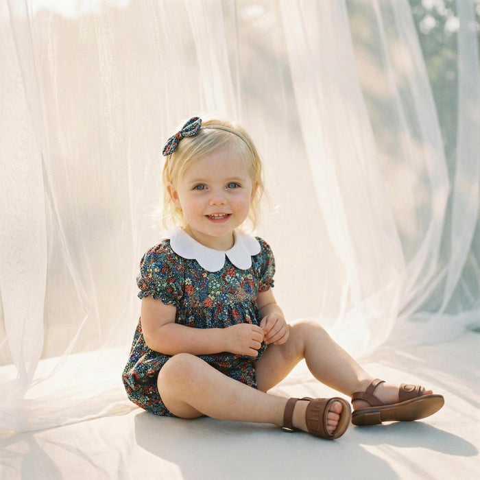 Liberty London Collared Bubble-romper, Floral-print Short-sleeved Playsuit, Handmade Sustainable Children-wear, Cotton Sunsuit, Ethical
