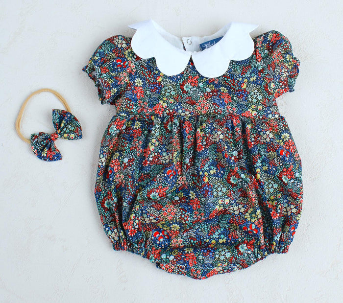 Liberty London Collared Bubble-romper, Floral-print Short-sleeved Playsuit, Handmade Sustainable Children-wear, Cotton Sunsuit, Ethical