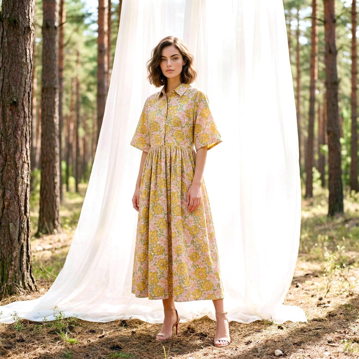 Liberty London Collared Kimono Sleeves Shirtdress, Handmade Botanical Womenswear, Sustainable Slow-fashioned Clothing, Personalised Dress