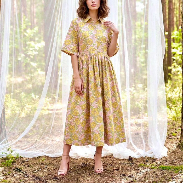 Liberty London Collared Kimono Sleeves Shirtdress, Handmade Botanical Womenswear, Sustainable Slow-fashioned Clothing, Personalised Dress